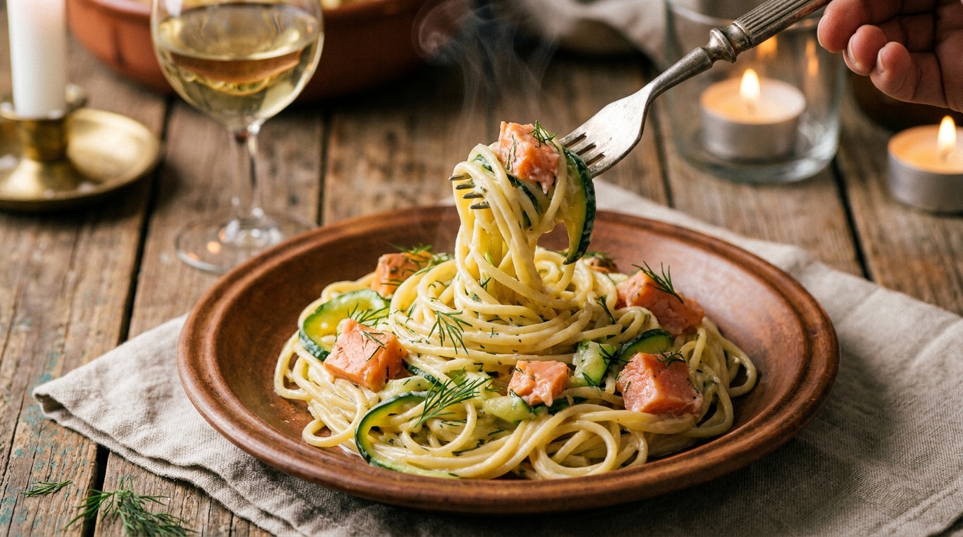 découvrez notre recette gourmande de spaghettis aux courgettes et saumon fumé, sublimée par une sauce onctueuse au chèvre frais, pour un plat savoureux et raffiné.