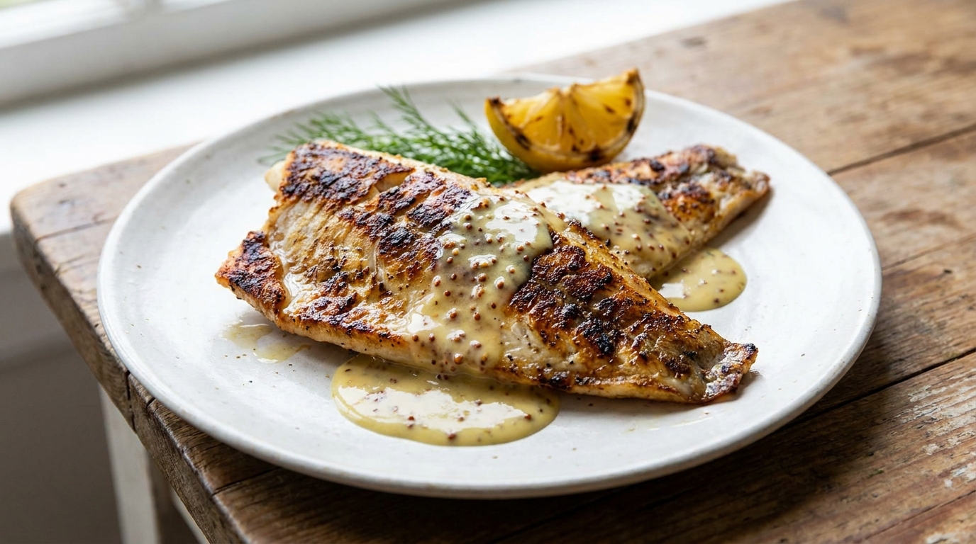 savourez un filet de merlan grillé délicatement nappé d'une sauce moutarde légère et gourmande, alliant fraîcheur et saveurs raffinées pour un repas exquis.