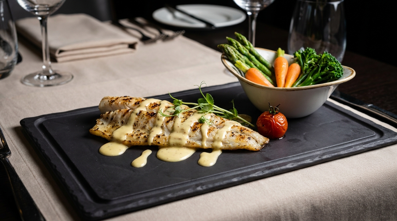 savourez un filet de merlan grillé, délicatement nappé d'une sauce moutarde légère et gourmande, pour un plat alliant fraîcheur et finesse.