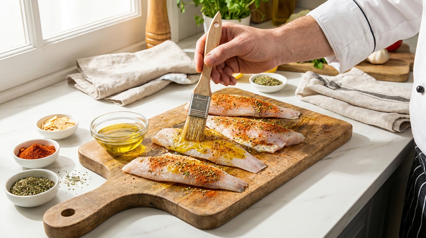savourez un filet de merlan grillé, délicatement nappé d'une sauce moutarde légère et gourmande, pour un plat raffiné et savoureux.