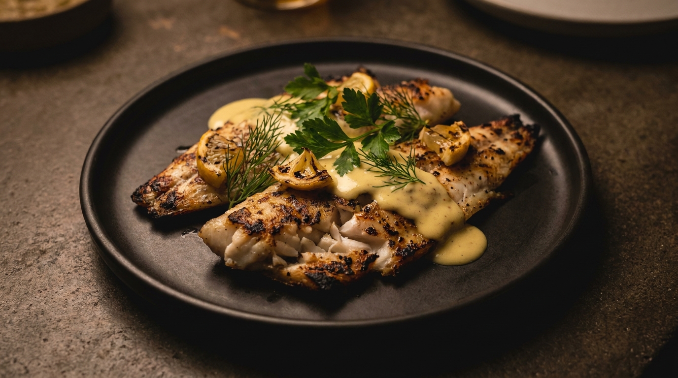 savourez un filet de merlan délicatement grillé, accompagné d'une sauce moutarde légère et gourmande pour un repas raffiné et plein de saveurs.