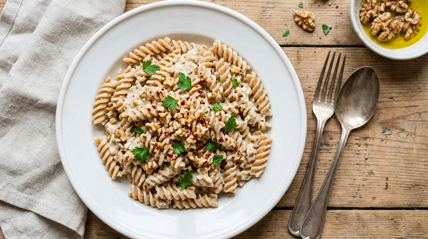 savourez un délice de pâtes aux éclats de noix accompagné d'une sauce légère à l’ail, une recette gourmande et raffinée parfaite pour un repas élégant et savoureux.
