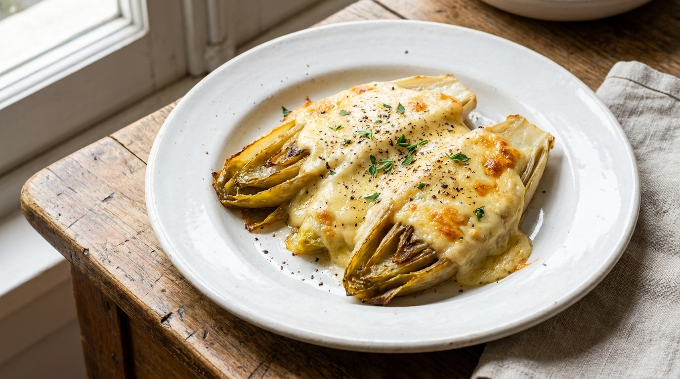 découvrez notre recette savoureuse d’endives braisées nappées d’une onctueuse crème de maroilles, un plat réconfortant et gourmand parfait pour vos repas d’hiver.