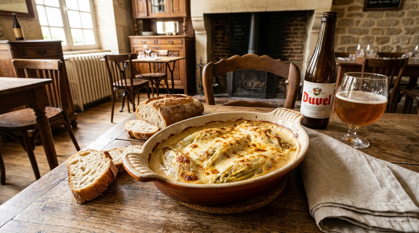 découvrez notre recette savoureuse et réconfortante de délice d’endives braisées nappées d’une onctueuse crème de maroilles, parfaite pour un repas gourmand et chaleureux.