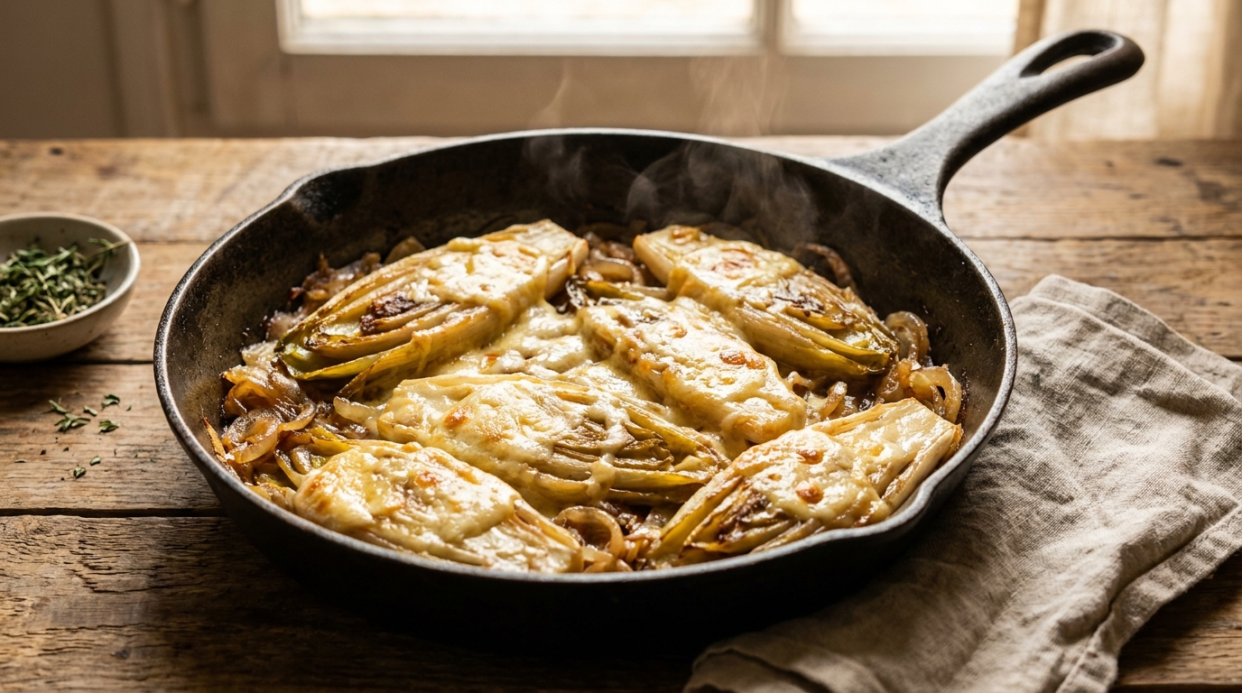 découvrez notre recette savoureuse et réconfortante de délice d’endives braisées nappées d’une onctueuse crème de maroilles, un plat gourmand qui ravira vos papilles.