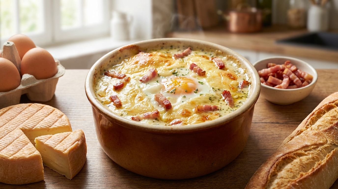 découvrez notre recette gourmande et fondante d'œuf cocotte au maroilles et lardons, un délice parfait pour un repas savoureux et réconfortant.