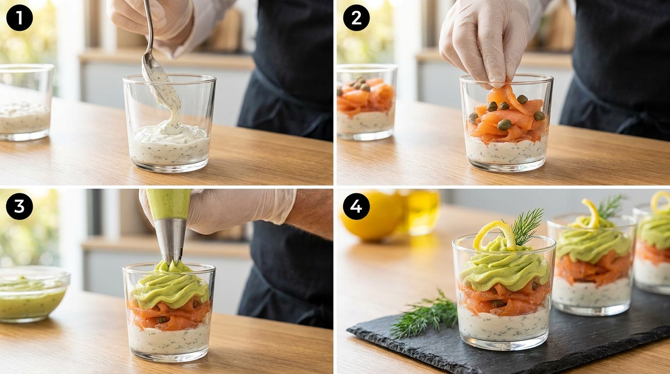 découvrez notre recette raffinée de délice en verrine alliant saumon fumé, brioche dorée et fromage frais aux ail et fines herbes, pour une entrée gourmande et élégante.