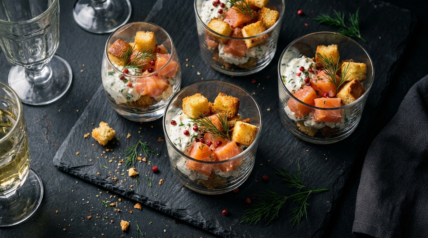 découvrez notre délicieuse verrine alliant saumon fumé, brioche dorée et fromage frais aux ail et fines herbes, pour une entrée raffinée et savoureuse.