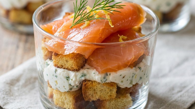 découvrez notre recette élégante et savoureuse de délice en verrine alliant saumon fumé, brioche dorée et fromage frais aux ail et fines herbes, pour une entrée fraîche et gourmande.