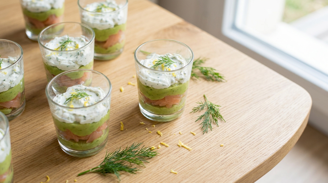 découvrez notre recette gourmande de délice en verrine alliant saumon fumé, avocat onctueux et fromage frais ail & fines herbes, pour une entrée fraîche et savoureuse.