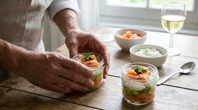 découvrez un délice en verrine alliant saumon fumé, avocat onctueux et fromage frais ail & fines herbes, pour une entrée fraîche et savoureuse.