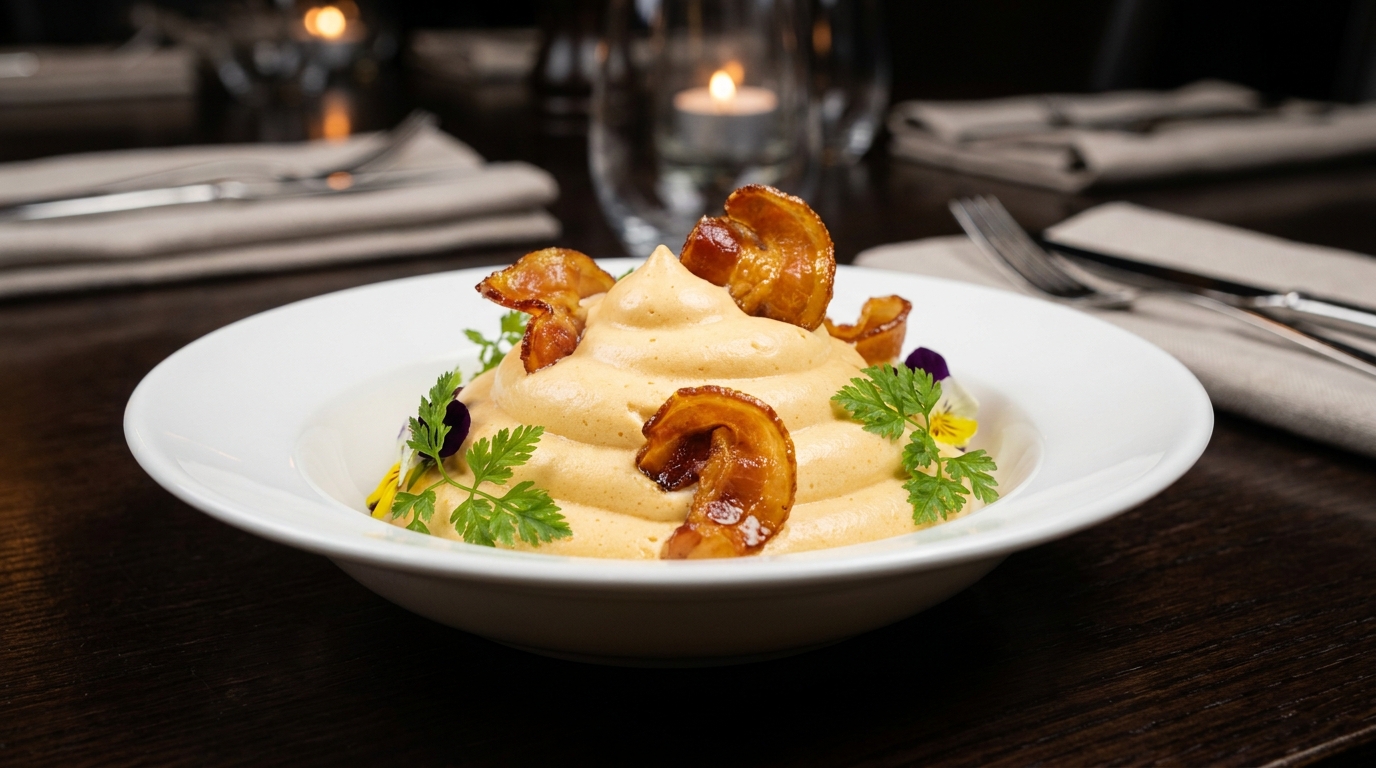 savourez un délice gourmand avec une espuma onctueuse de maroilles, harmonie parfaite accompagnée de chips croustillantes de lard fumé pour une explosion de saveurs.