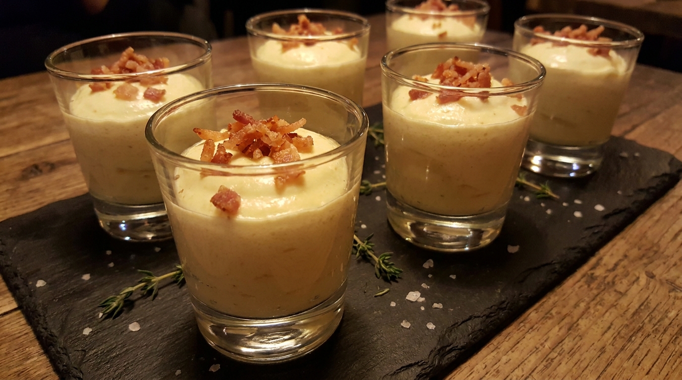 découvrez un délice gourmand avec notre espuma onctueuse de maroilles, sublimée par des chips croustillantes de lard fumé pour une explosion de saveurs authentiques.