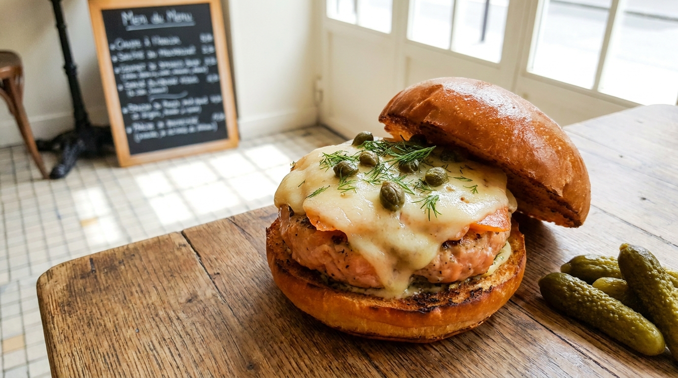 savourez un délice gourmand avec notre burger au saumon fumé et fromage fondant, une recette alliant fraîcheur et onctuosité pour un plaisir unique.