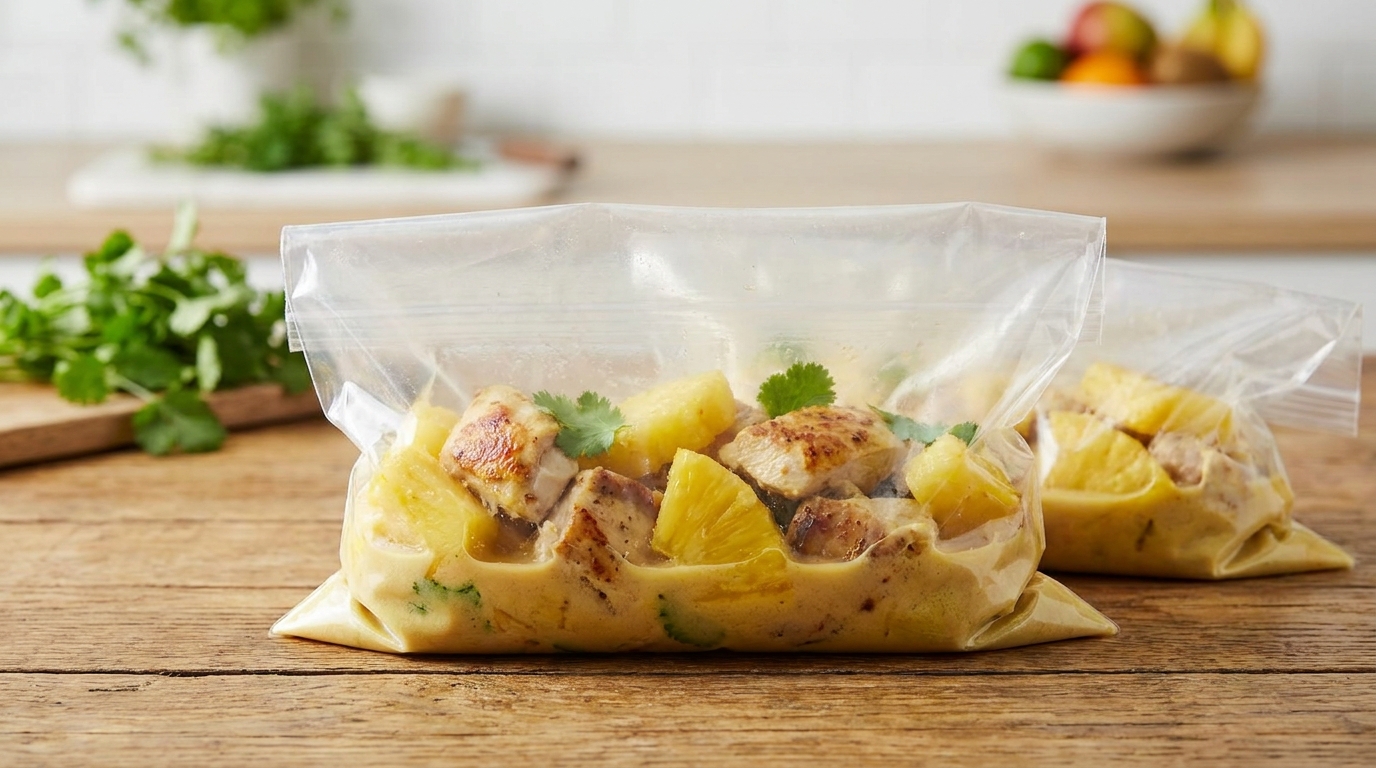 découvrez notre recette de poulet au curry doux et ananas, légère et savoureuse, préparée en sachets pratiques pour un repas rapide et gourmand.