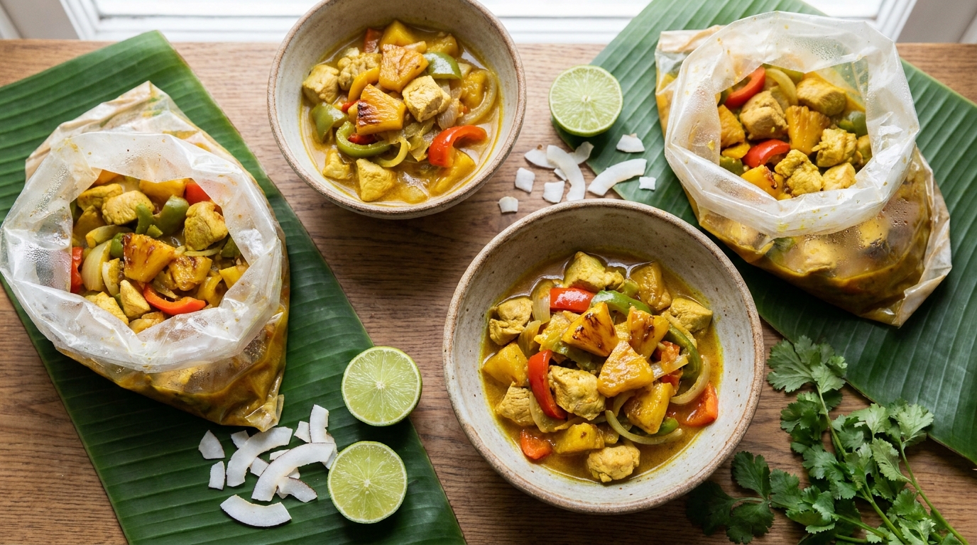découvrez notre recette de poulet au curry doux et ananas, préparée en sachets savoureux pour un délice léger et facile à réaliser.