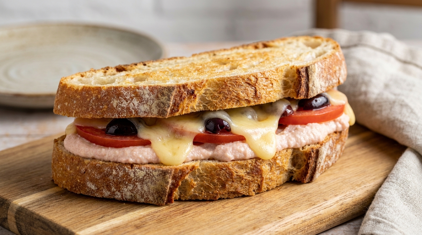 savourez un sandwich léger et fondant aux saveurs méditerranéennes avec tomates fraîches, olives savoureuses, tarama de cabillaud onctueux et emmental fondant.