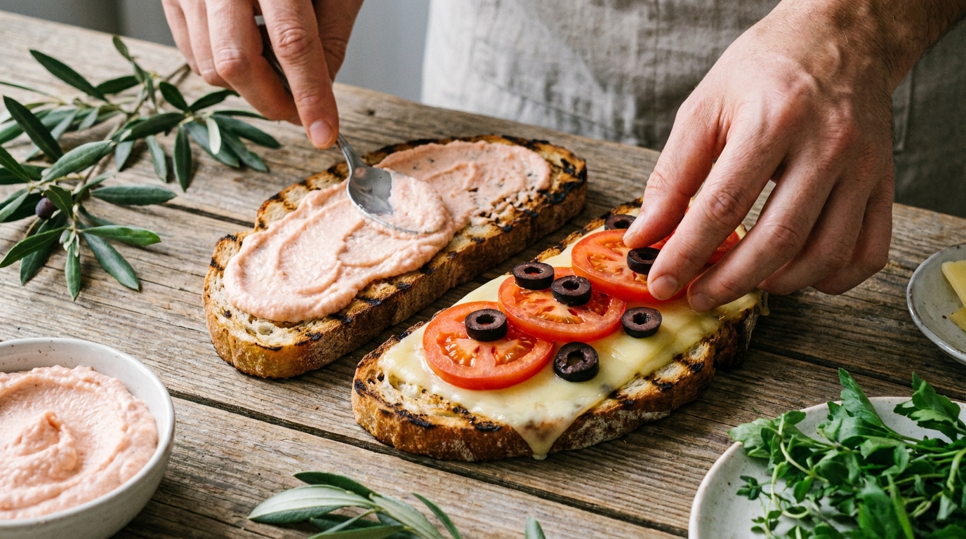 savourez un sandwich léger et fondant alliant tomates fraîches, olives savoureuses, tarama de cabillaud et emmental fondant pour une explosion de saveurs délicates.