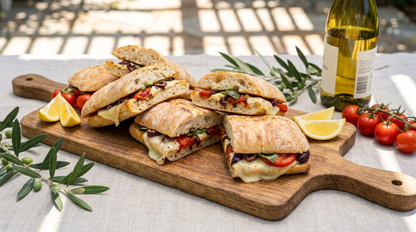 savourez un sandwich fondant alliant la fraîcheur des tomates, la douceur du tarama de cabillaud, le croquant des olives et la richesse de l'emmental pour un délice léger et gourmand.