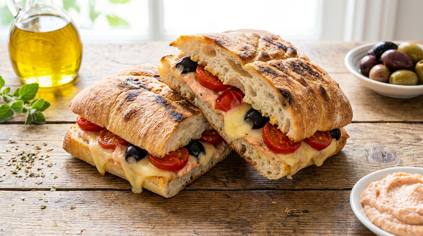 savourez un sandwich léger et fondant alliant tomates fraîches, olives savoureuses, tarama de cabillaud onctueux et emmental fondant pour un délice gourmand et équilibré.