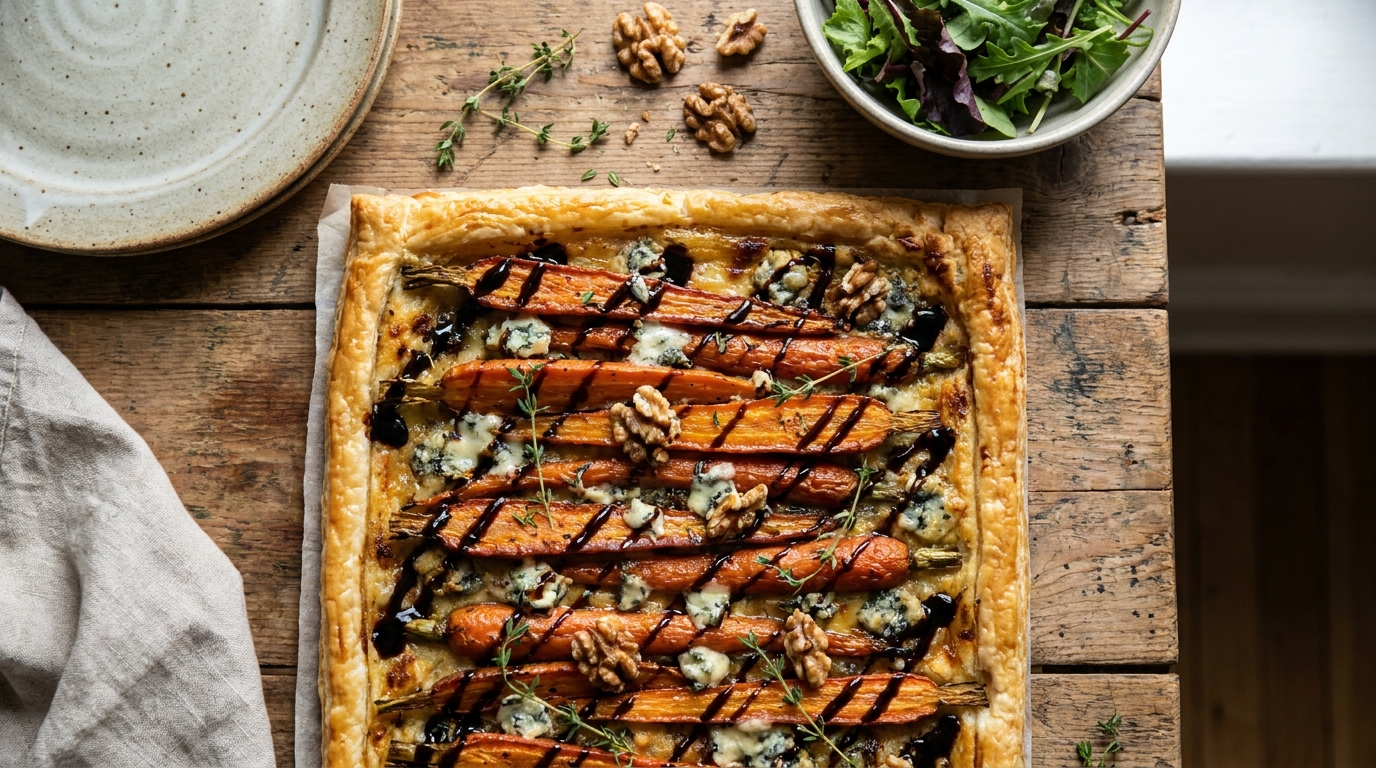 découvrez notre délicieuse tarte aux carottes caramélisées et au fromage bleu, un parfait équilibre entre douceur sucrée et saveurs salées pour ravir vos papilles.