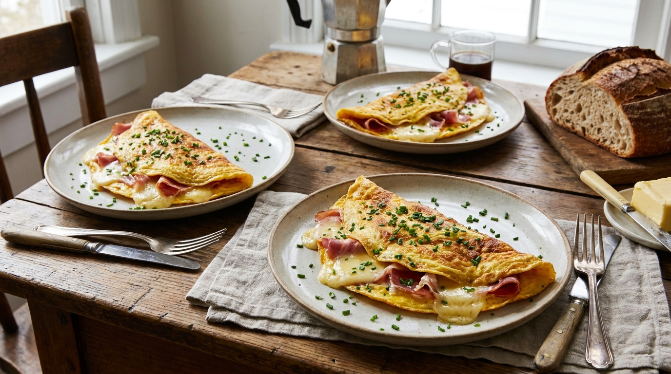 découvrez notre délicieuse omelette gourmande, préparée avec du fromage fondant et du jambon cru savoureux, pour un repas riche en saveurs et facile à réaliser.