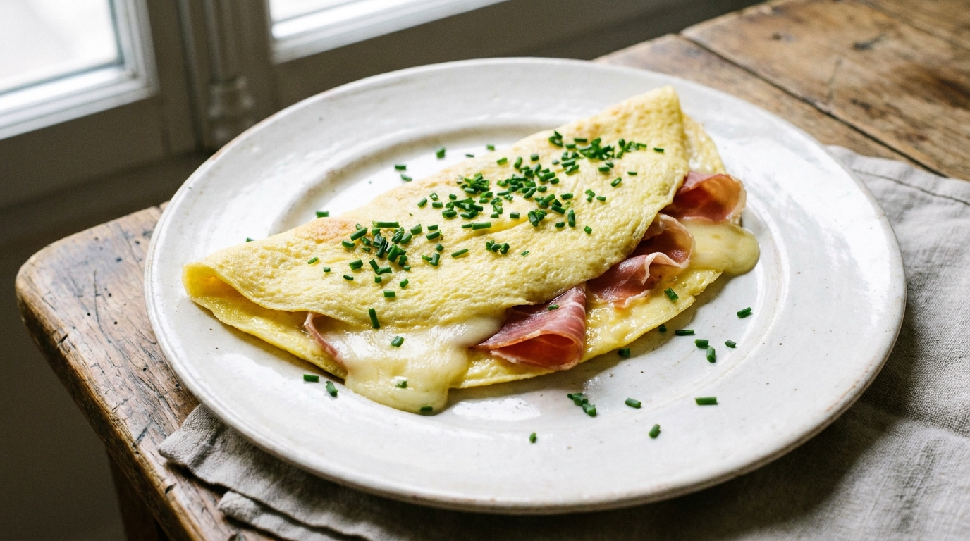 savourez une délicieuse omelette gourmande au fromage fondant et jambon cru savoureux, parfaite pour un repas simple et plein de saveurs.