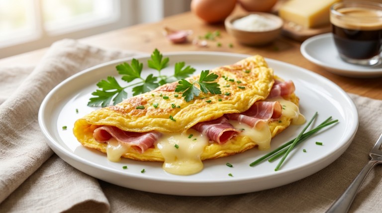 savourez une délicieuse omelette gourmande, généreusement garnie de fromage fondant et de jambon cru savoureux, parfaite pour un repas réconfortant et plein de goût.