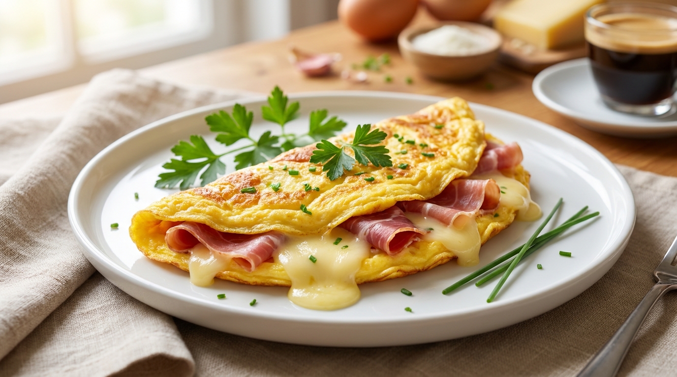 savourez une délicieuse omelette gourmande, généreusement garnie de fromage fondant et de jambon cru savoureux, parfaite pour un repas réconfortant et plein de goût.