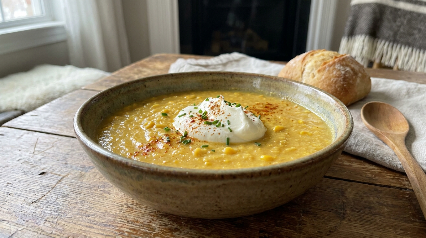 savourez une délicieuse soupe de maïs onctueuse, sublimée par une chantilly au fromage crémeuse pour une expérience gourmande et réconfortante.
