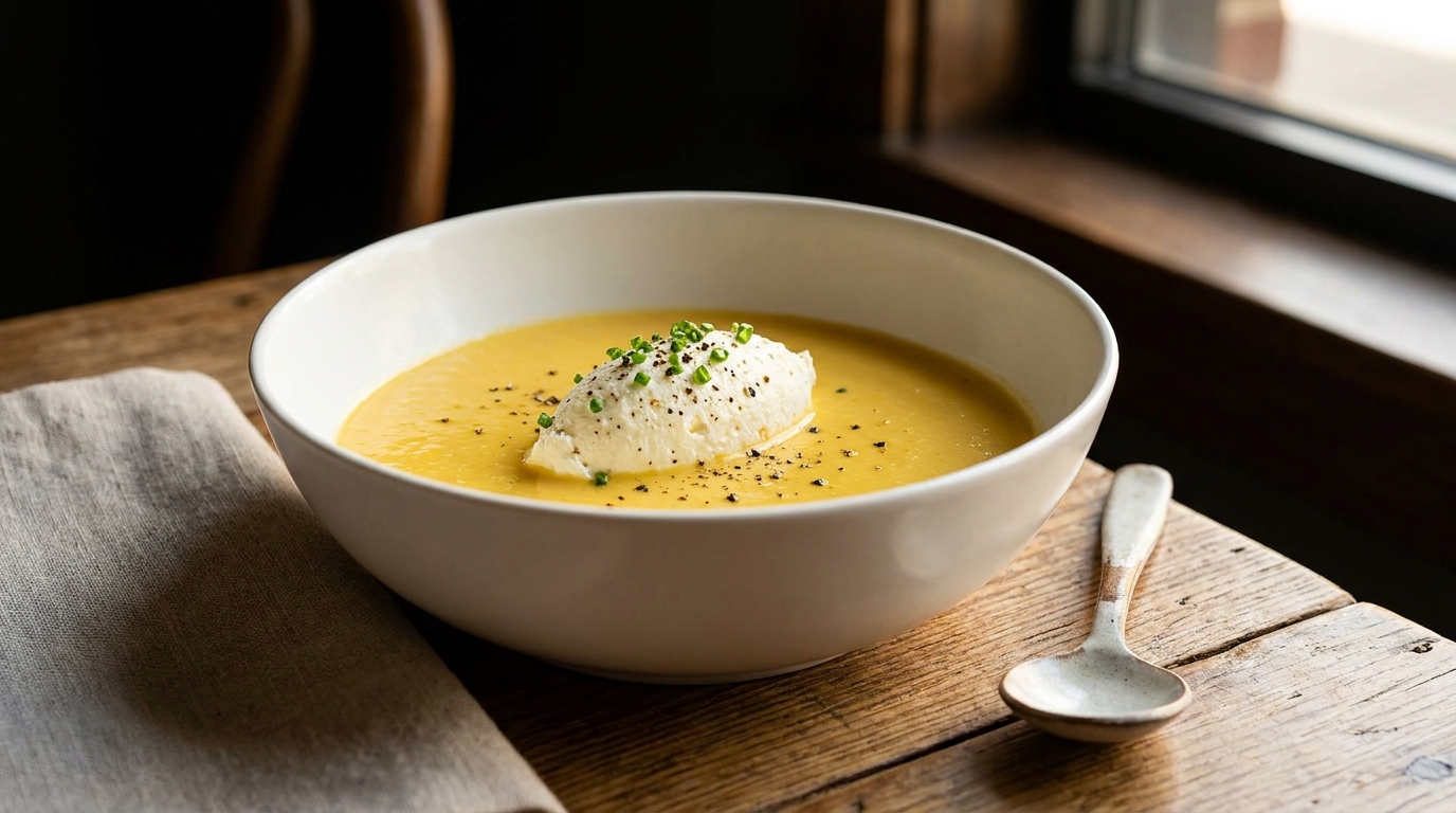 savourez une délicieuse soupe de maïs onctueuse, sublimée par une chantilly au fromage crémeuse pour une expérience gourmande et réconfortante.