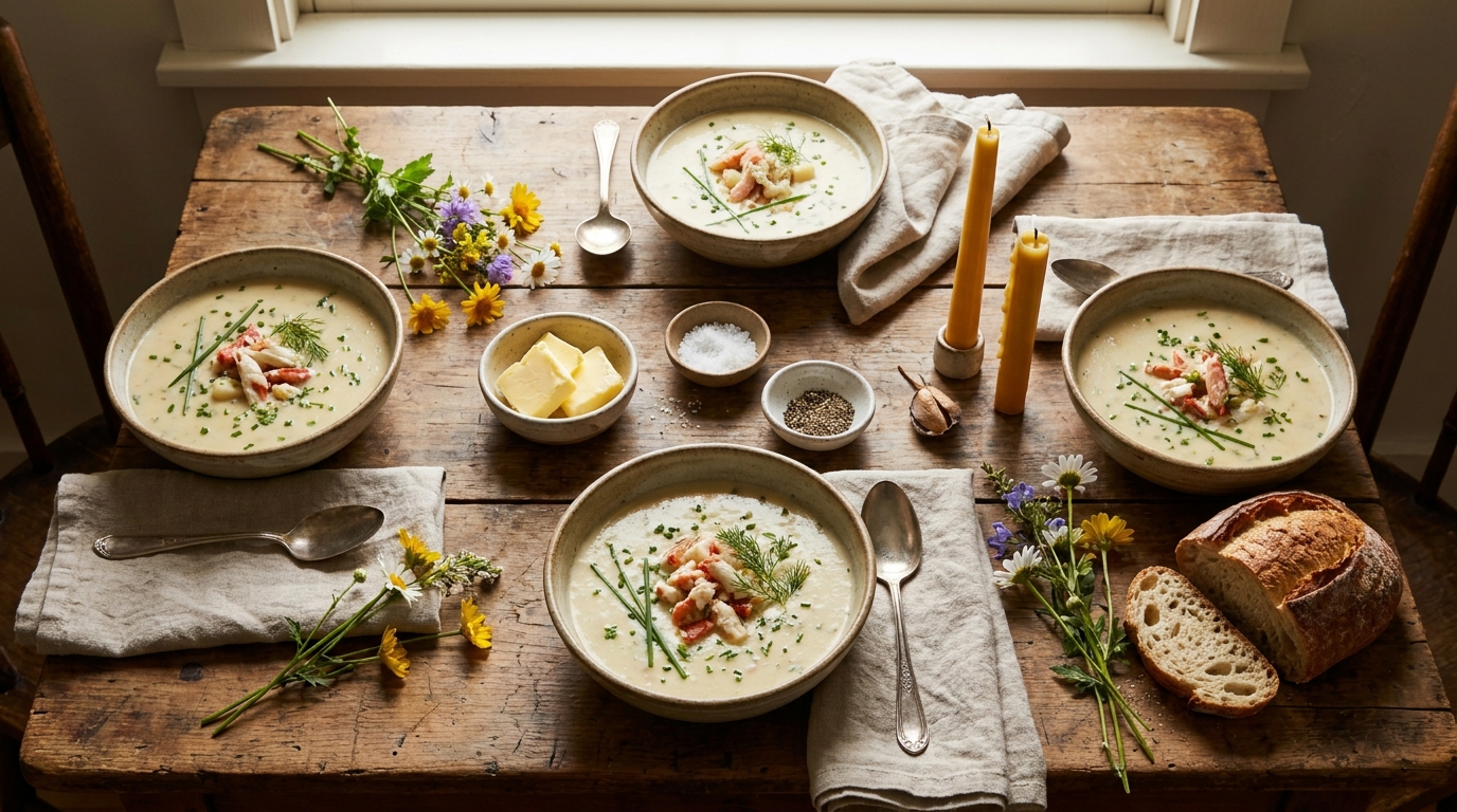 découvrez une recette savoureuse et raffinée de soupe légère aux pommes de terre et crabe, idéale pour un repas gourmand et équilibré.