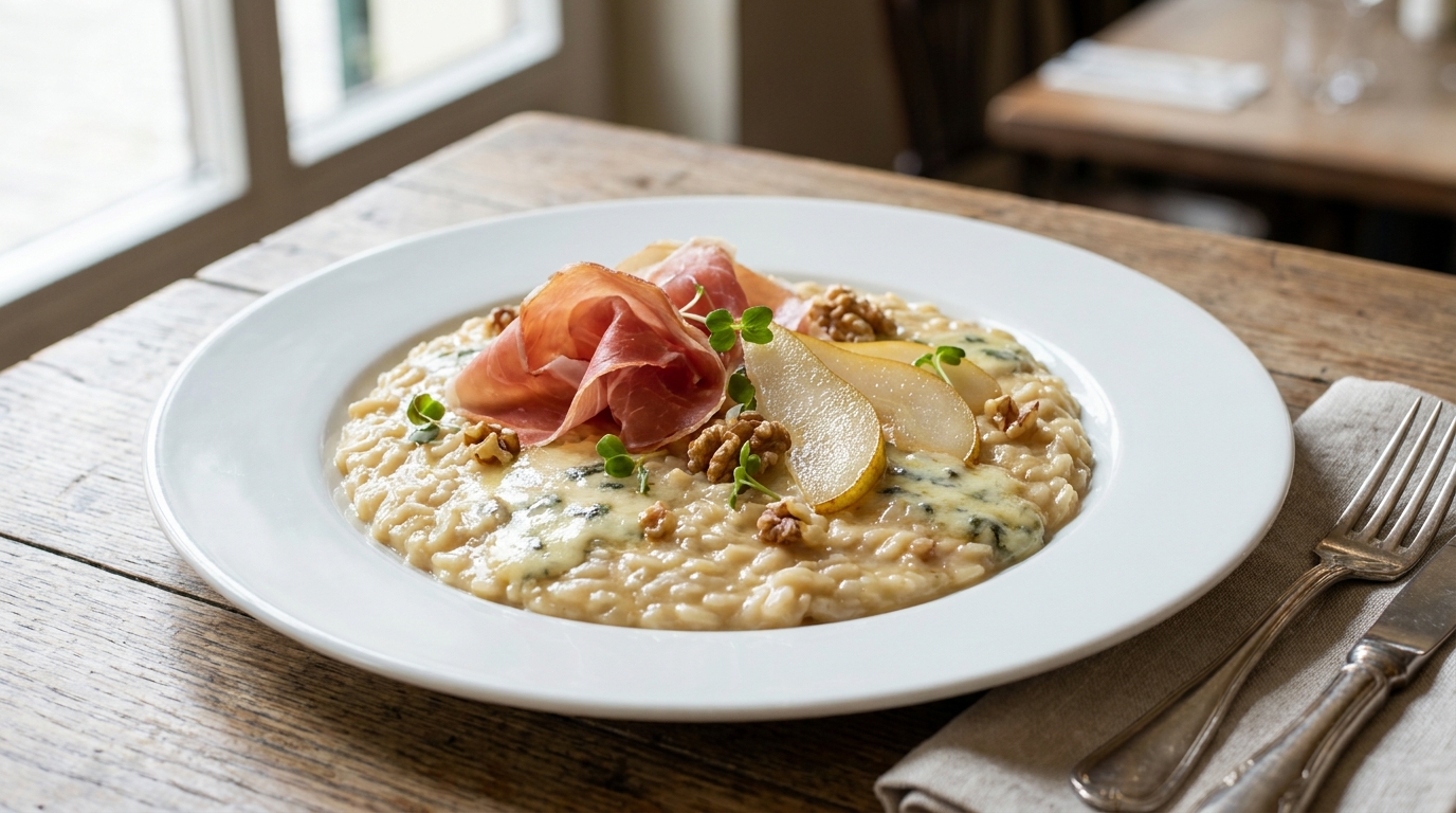 découvrez notre recette raffinée de risotto au bleu, jambon cru et poire, un délicieux mélange de saveurs pour un plat gourmand et élégant.