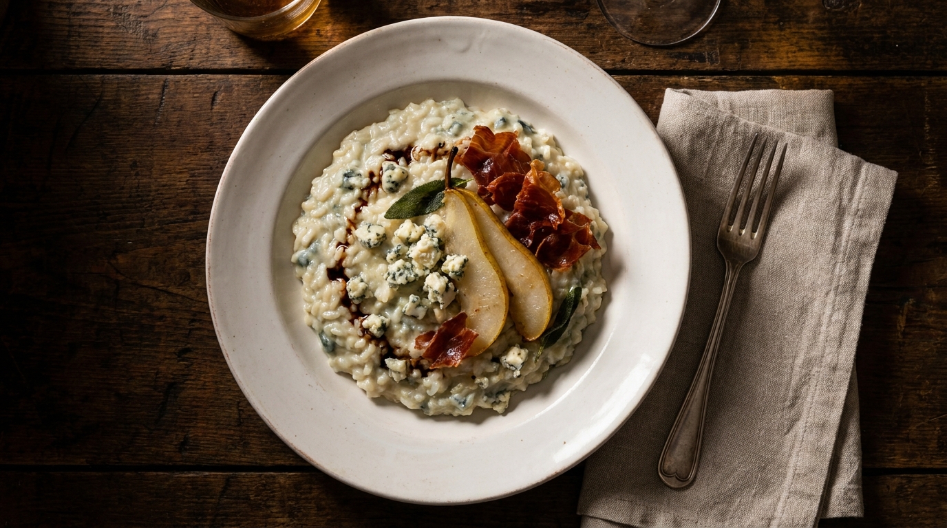 découvrez notre recette raffinée de risotto au bleu, jambon cru et poire, alliant saveurs gourmandes et élégance pour un repas d'exception.