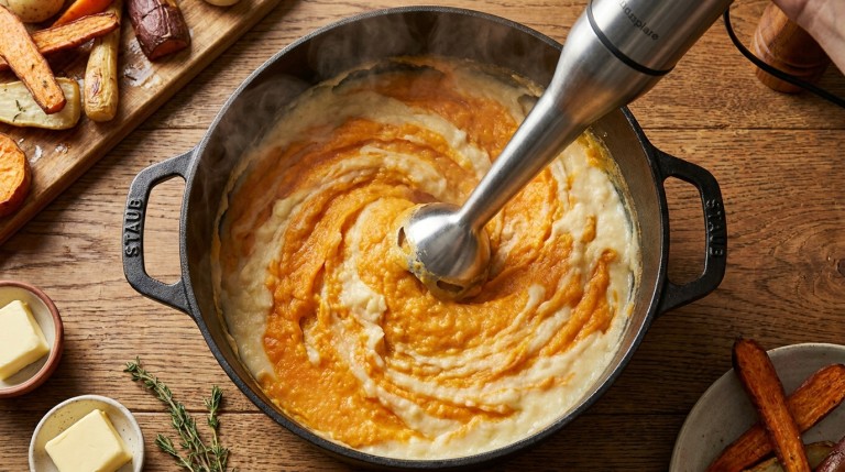 découvrez notre recette gourmande d'écrasé de patates douces et navets au fromage frais, une préparation onctueuse et savoureuse idéale pour un repas réconfortant.