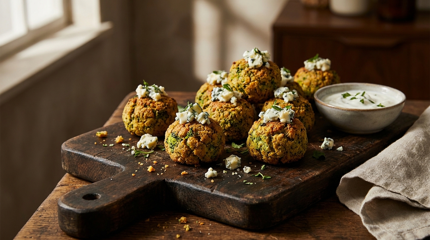 découvrez une recette savoureuse de falafels aux pois chiches et brocolis, subtilement relevés par une délicate touche de fromage bleu pour un plaisir gourmand et équilibré.