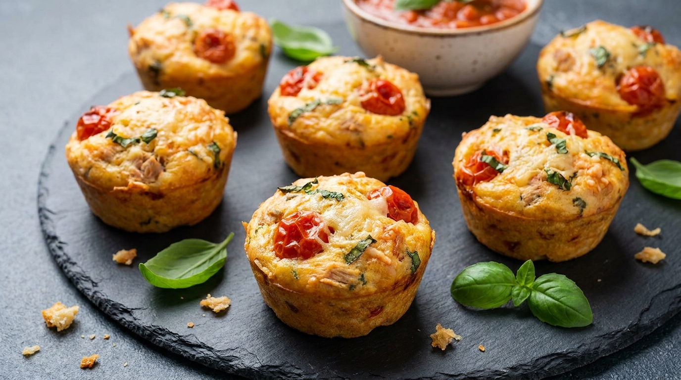 découvrez notre recette de muffins légers au tarama de thon, garnis de tomates fraîches, basilic parfumé et parmesan fondant, pour un délicieux mélange de saveurs estivales.