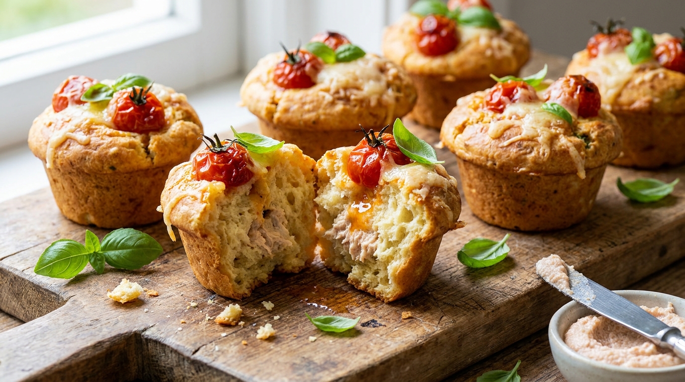 découvrez notre recette de délicieux muffins légers au tarama de thon, accompagnés de tomates fraîches, basilic parfumé et parmesan fondant pour une explosion de saveurs en bouche.