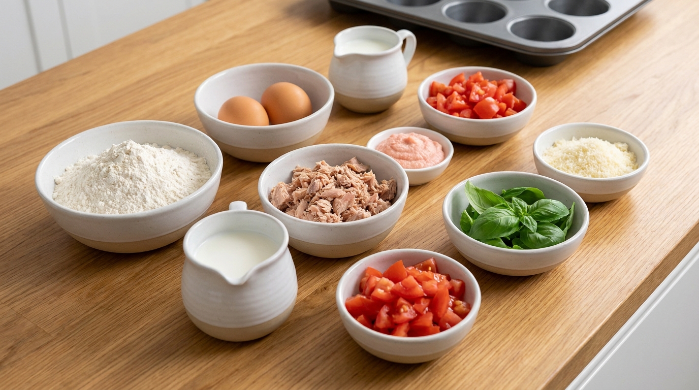 découvrez une recette gourmande de muffins légers au tarama de thon, agrémentés de tomates fraîches, de basilic parfumé et de parmesan fondant, parfaite pour un apéritif savoureux et original.