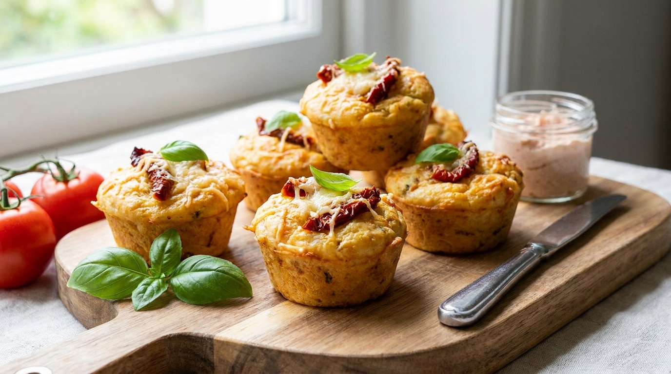 découvrez la recette de délicieux muffins légers garnis de tarama de thon, tomates fraîches, basilic parfumé et parmesan fondant, parfaits pour un apéritif savoureux et raffiné.