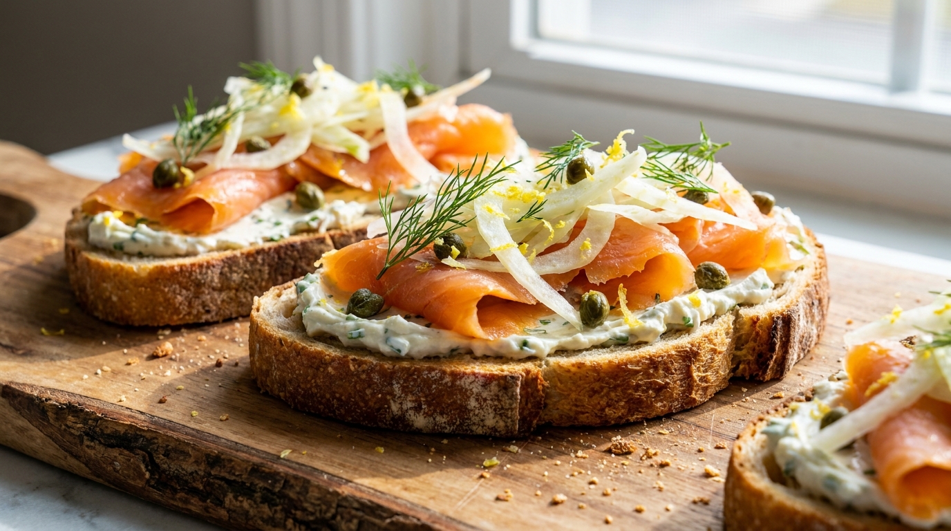 découvrez la recette gourmande de toasts au saumon fumé, fenouil croquant et fromage crémeux. un délice facile à préparer pour vos apéritifs ou entrées raffinées.