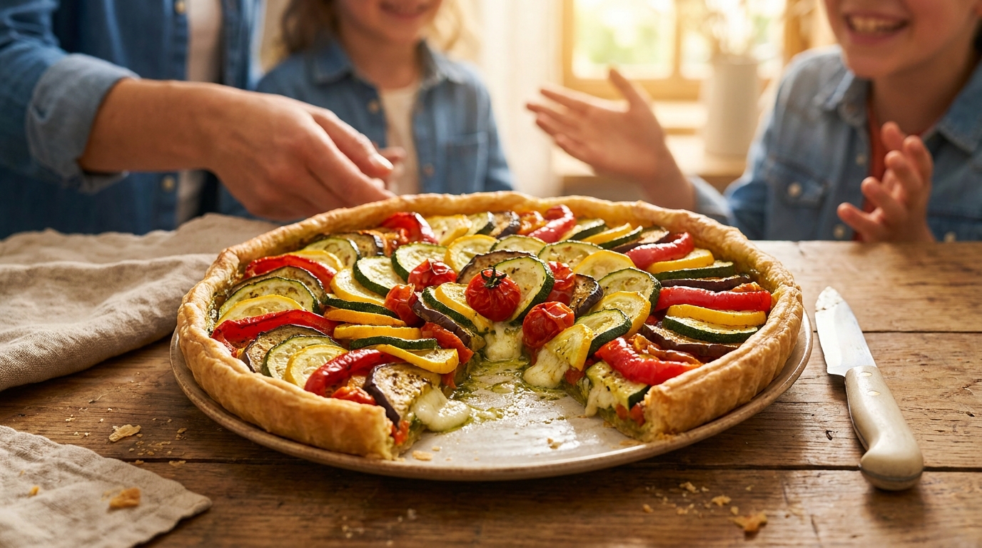 découvrez ma délicieuse tarte aux légumes du soleil avec une surprise secrète au fond qui a conquis mes invités, au point qu'ils en redemandent !