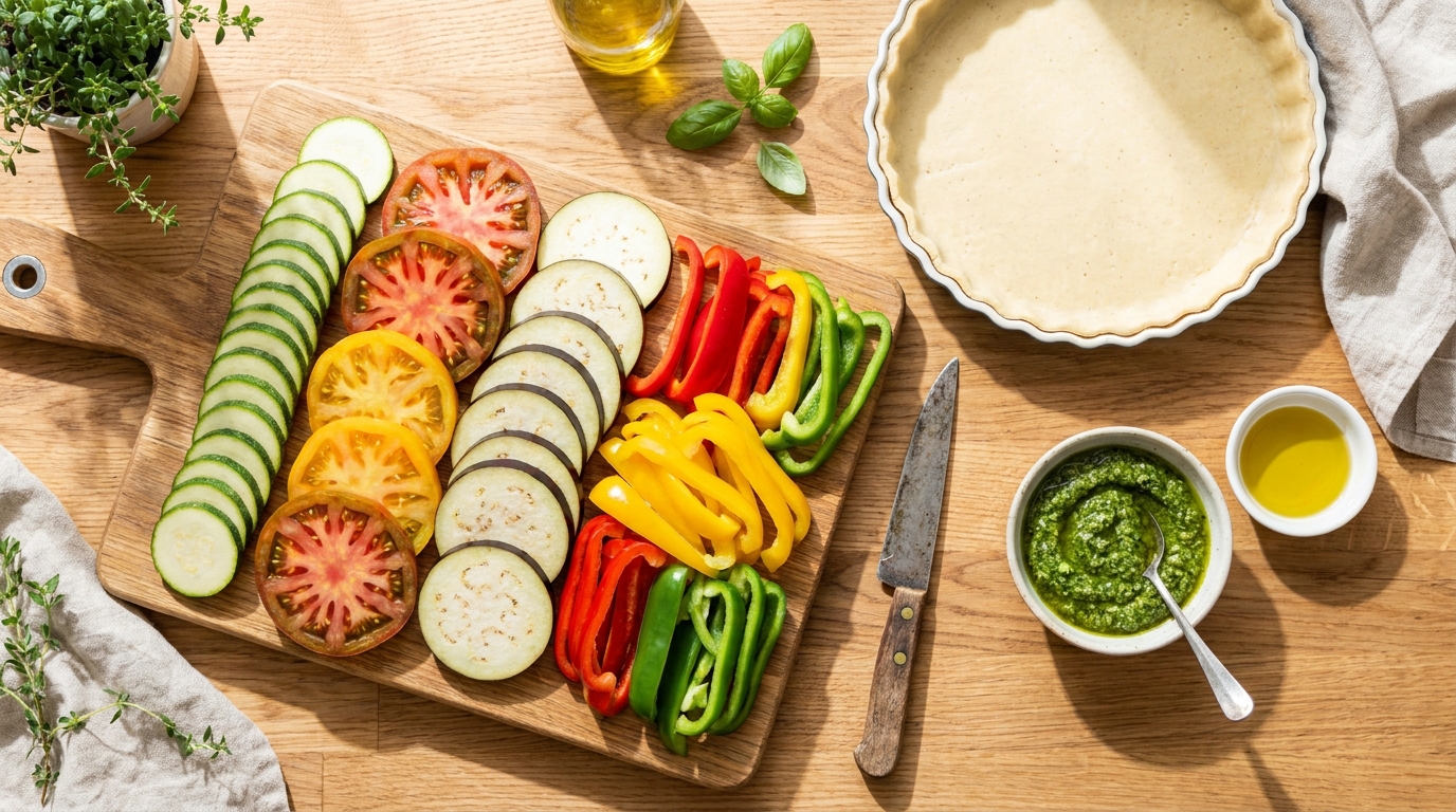 découvrez ma délicieuse tarte aux légumes du soleil avec une surprise gourmande au fond, un véritable succès auprès de mes invités qui en redemandent !
