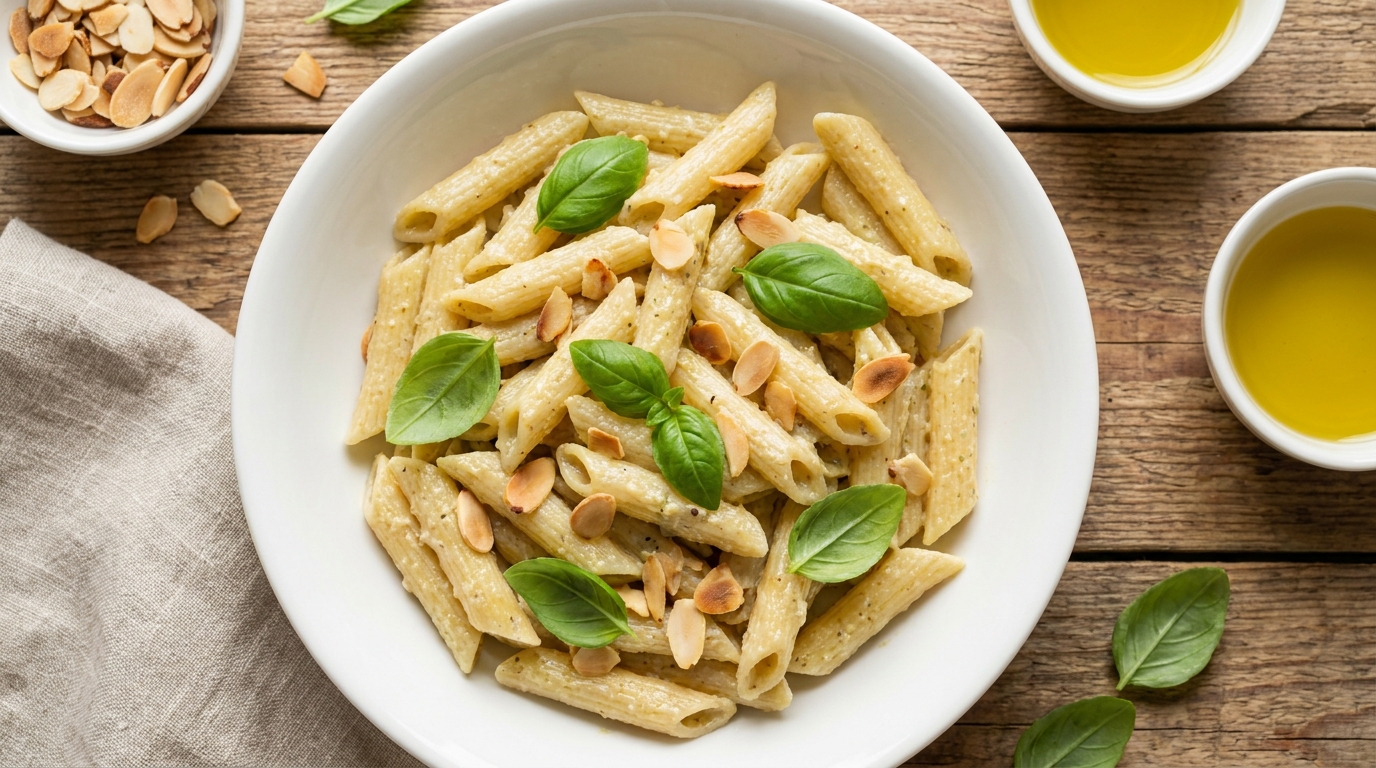 découvrez une recette gourmande de pâtes penne onctueuses, délicatement nappées d'un pesto d'amandes léger et savoureux, parfaite pour un repas équilibré et plein de saveurs.