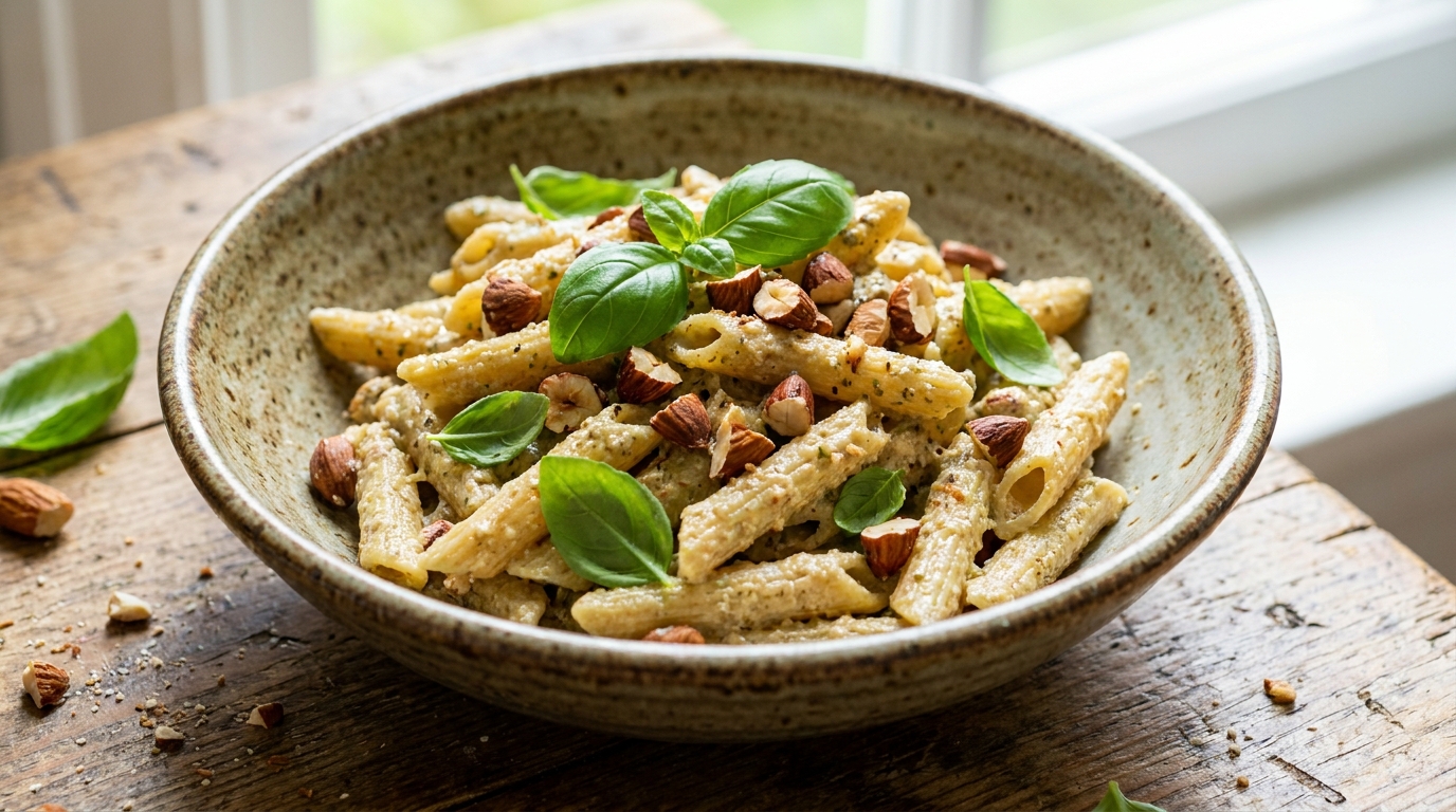 découvrez des pâtes penne onctueuses délicatement nappées d'un pesto d'amandes léger et savoureux, pour un plat gourmand et facile à préparer.