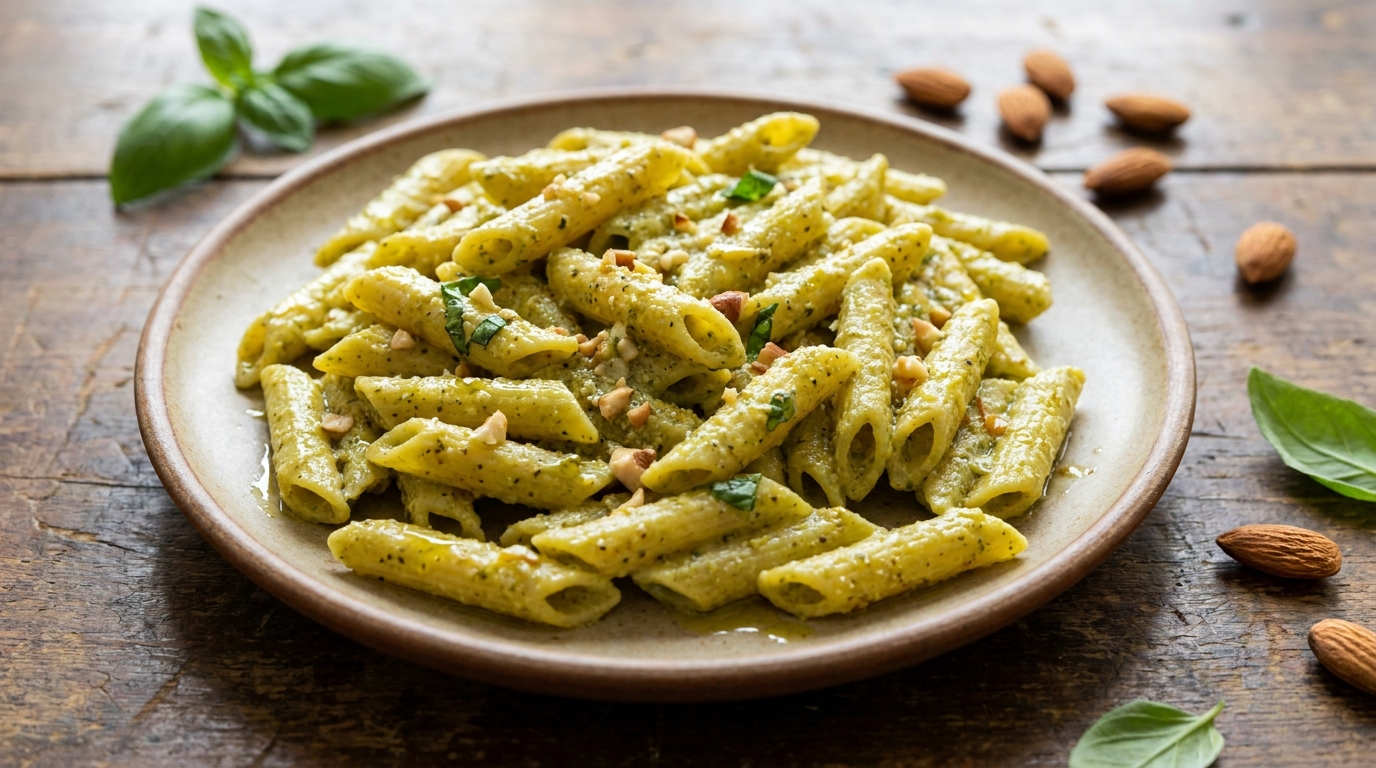 découvrez des pâtes penne onctueuses délicatement nappées d'un pesto d'amandes léger et savoureux, pour un repas gourmand et équilibré.