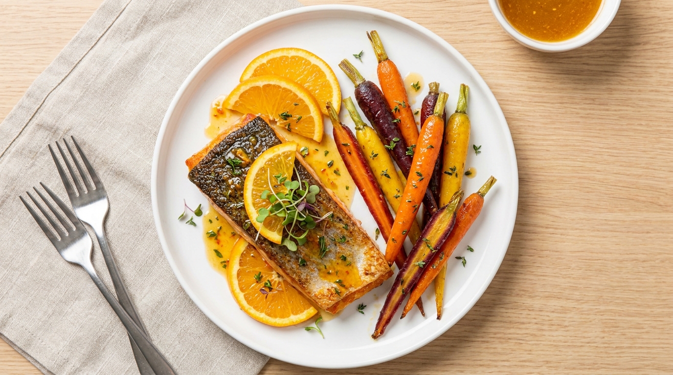découvrez notre recette légère et savoureuse de pavé de truite à l’orange, accompagné de carottes glacées au miel, pour un repas sain et gourmand.
