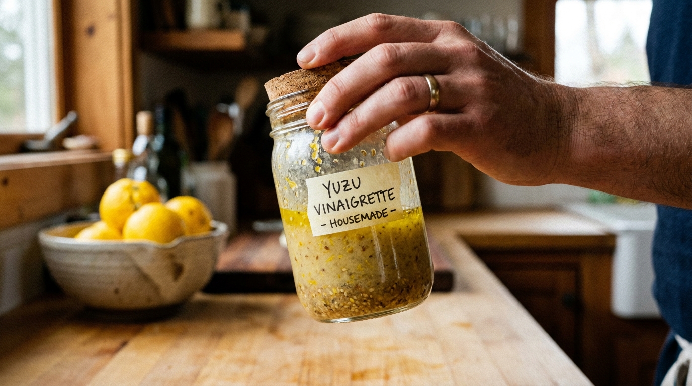 découvrez une recette fraîche et savoureuse : salade de mesclun au fromage, relevée d'une vinaigrette citronnée au yuzu pour un goût unique et rafraîchissant.