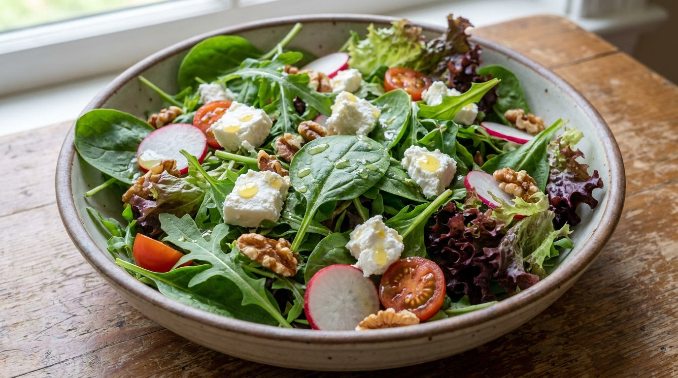 découvrez une recette fraîche et savoureuse de salade de mesclun au fromage, relevée d'une vinaigrette citronnée au yuzu pour une explosion de saveurs inédites.