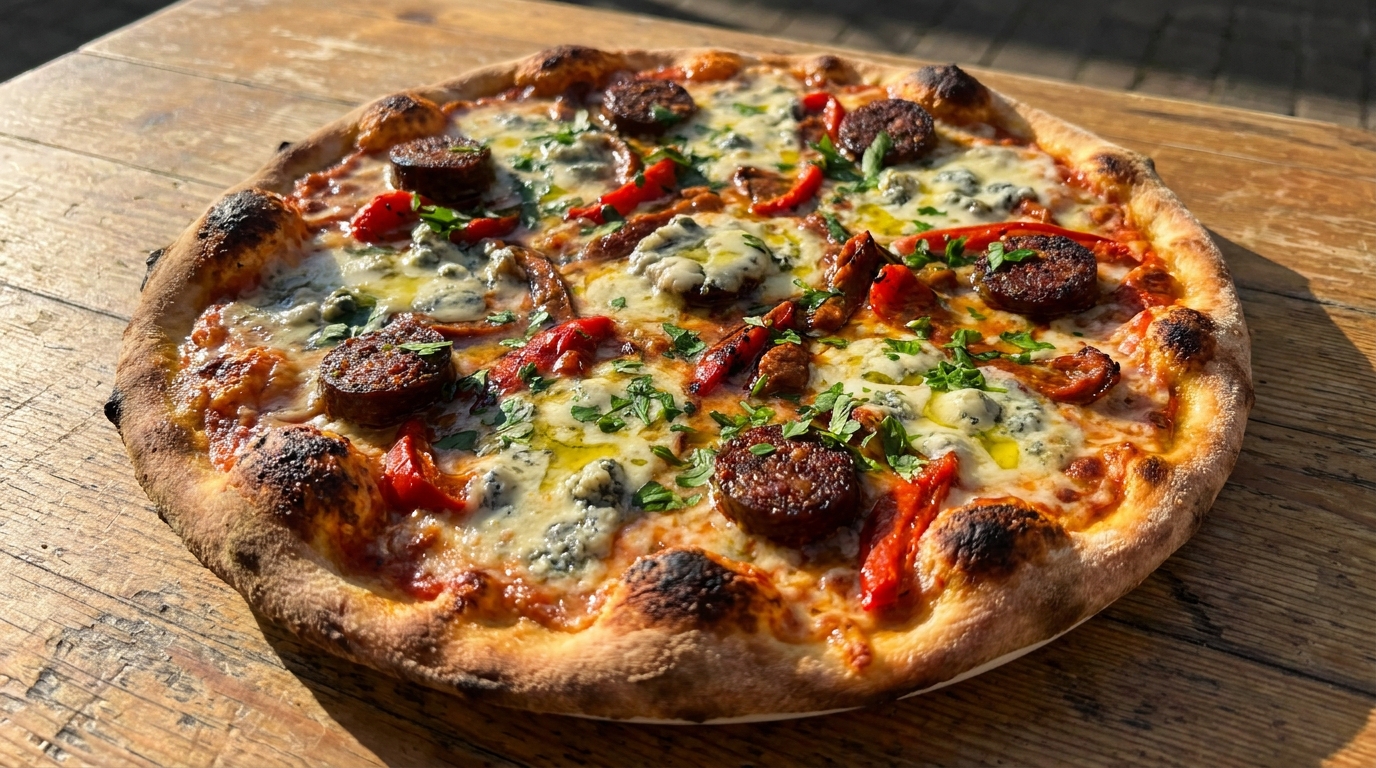découvrez une fusion culinaire audacieuse avec notre pizza orientale garnie de merguez épicées et de fromage bleu crémeux, pour un mariage de saveurs unique et intense.